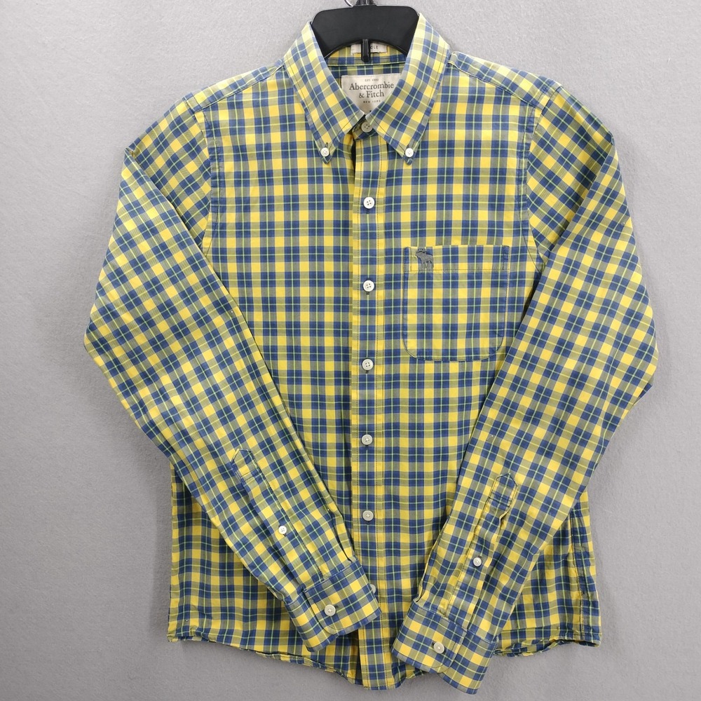 Abercrombie & Fitch Shirt Men M Muscle Button Down Plaid Long Sleeve Yellow Navy
